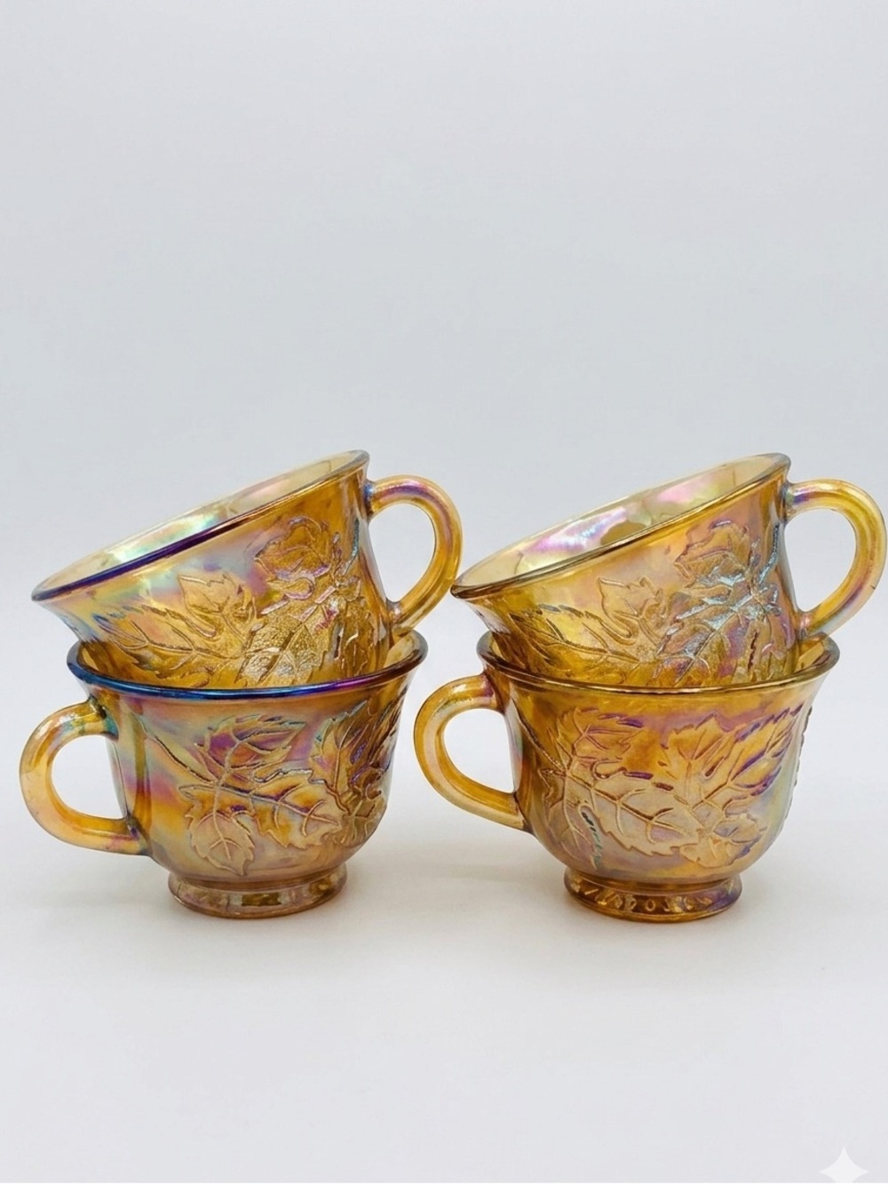 70s Indiana Glass Princess Amber Carnival Iridescent Embossed Grapes Punch Cups